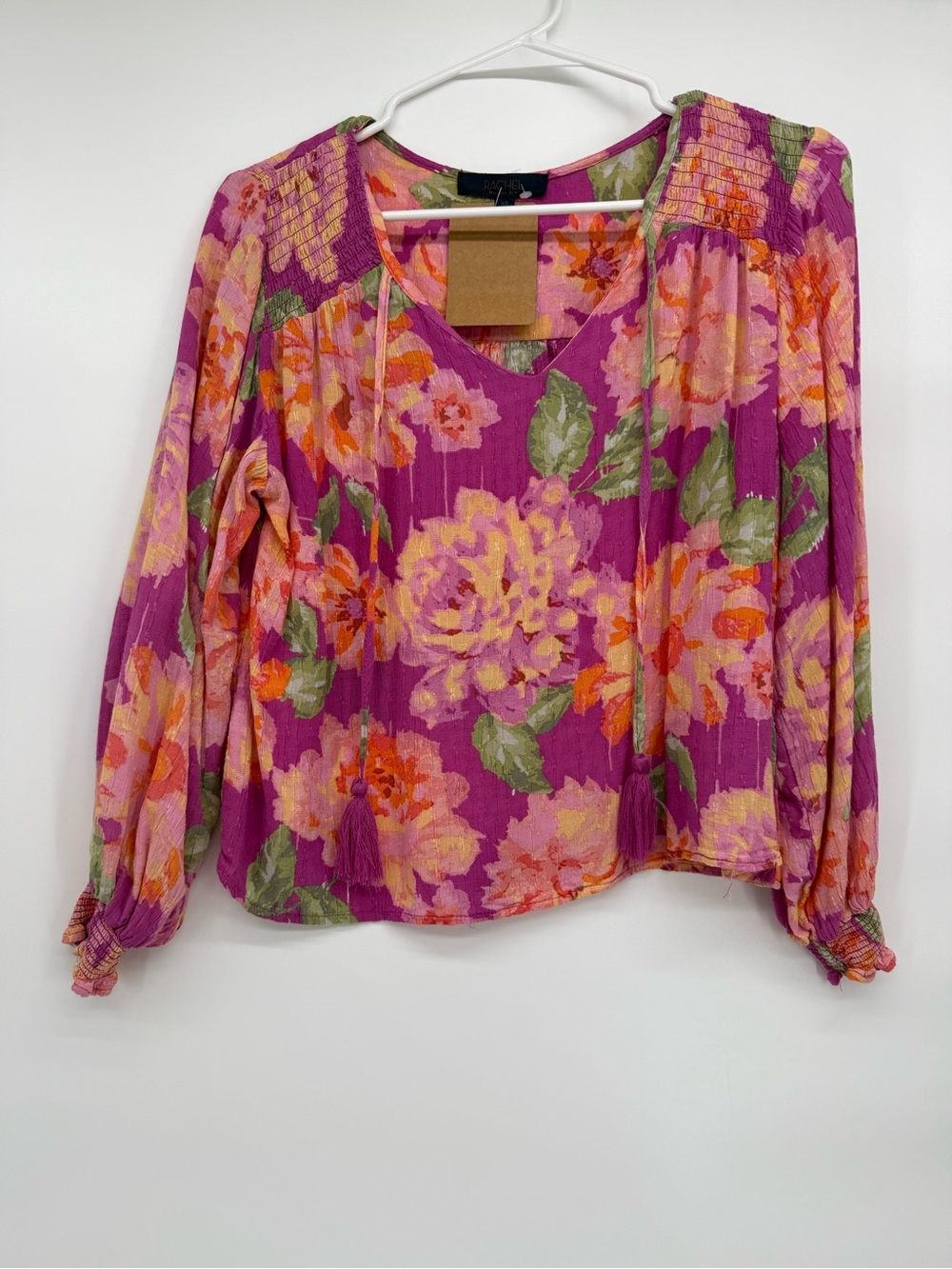 RACHEL Rachel Roy Pink Floral V-Neck Tassel Peasant Blouse